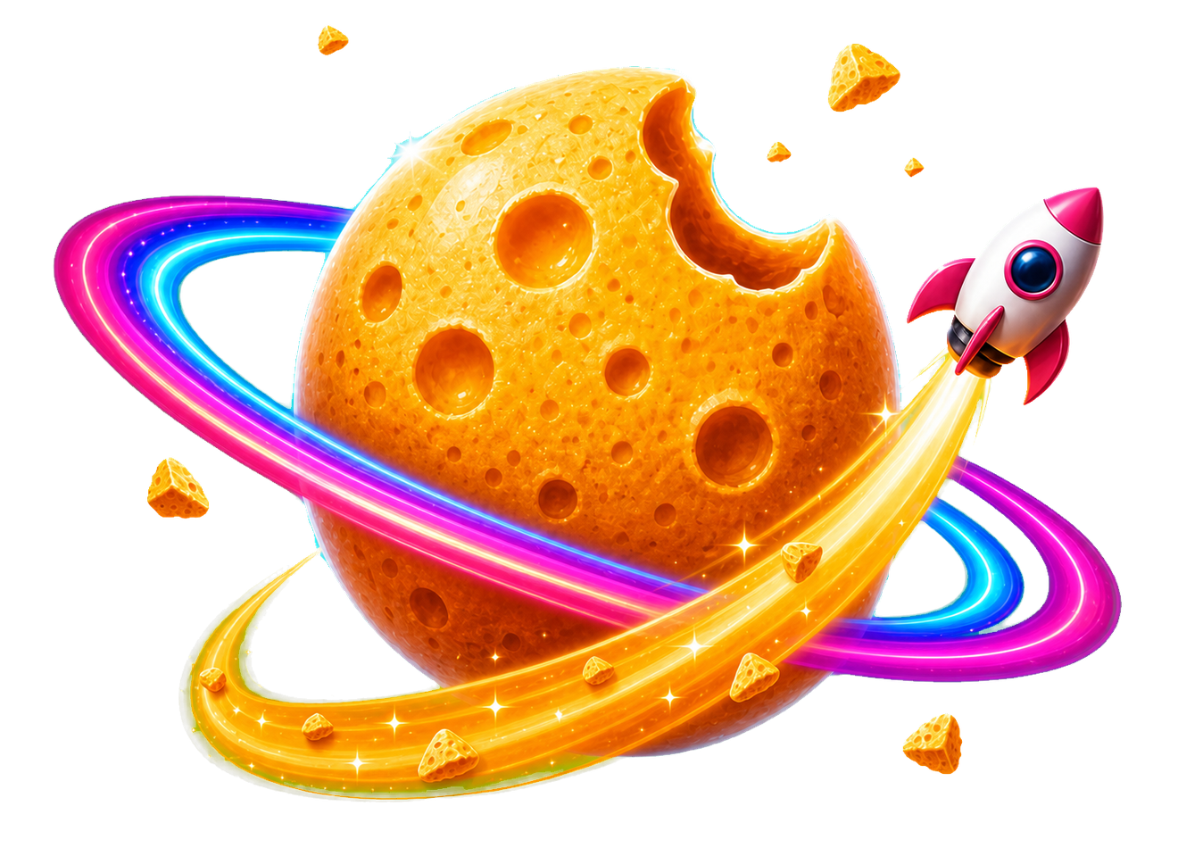 A glowing snack planet surrounded by colorful orbiting treats